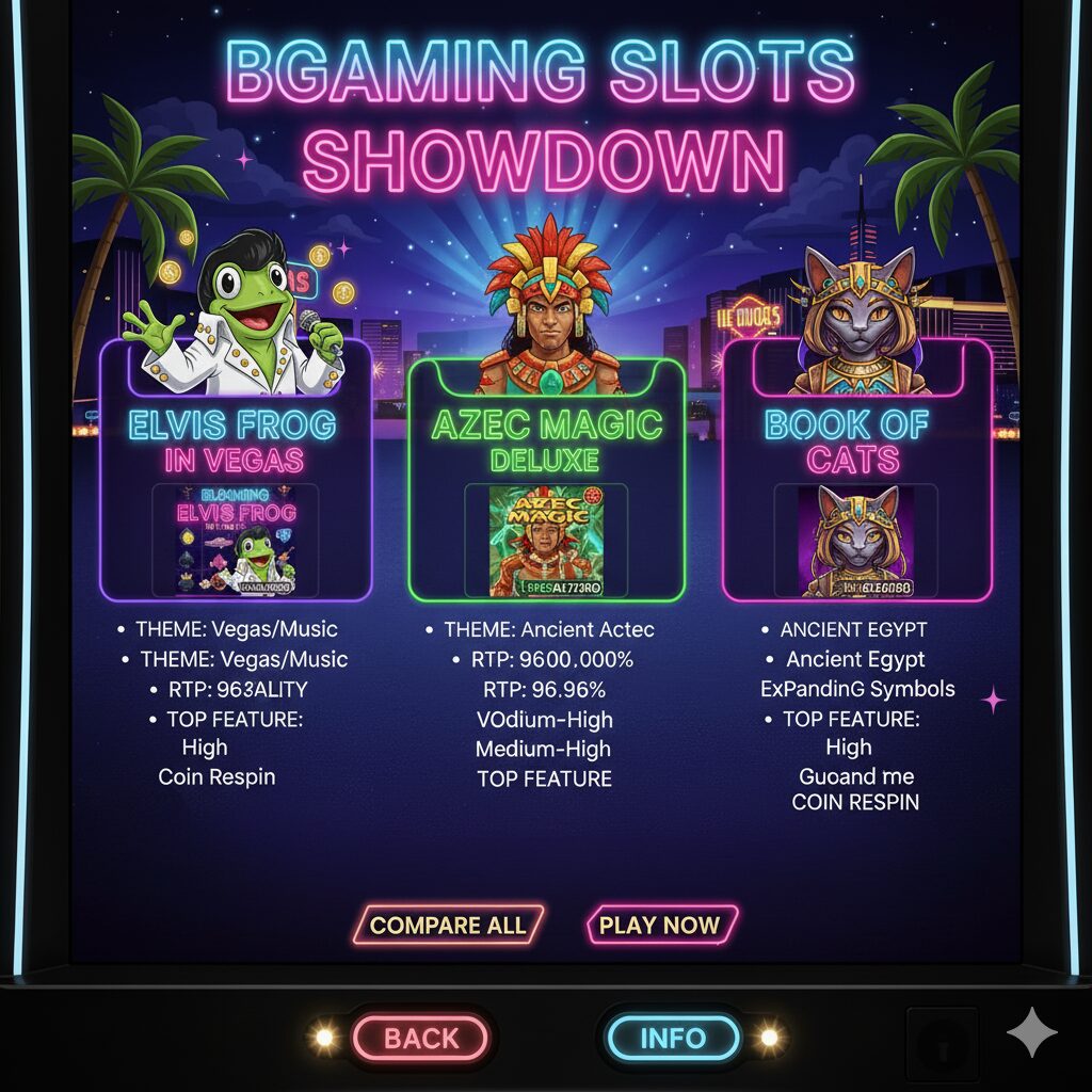 BGaming слотларини солиштириш: Elvis Frog, Aztec Magic, Book of Cats