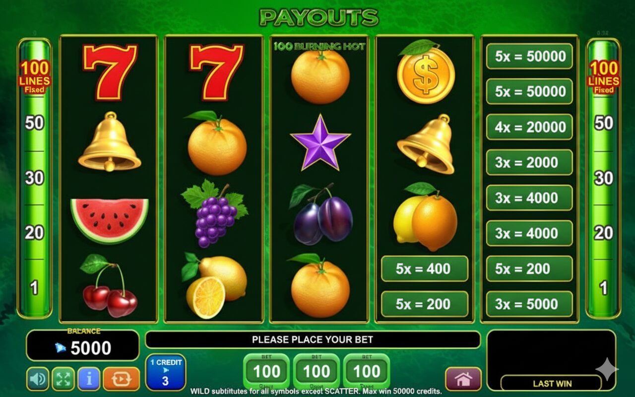 Payout table of symbols in Burning Hot 100