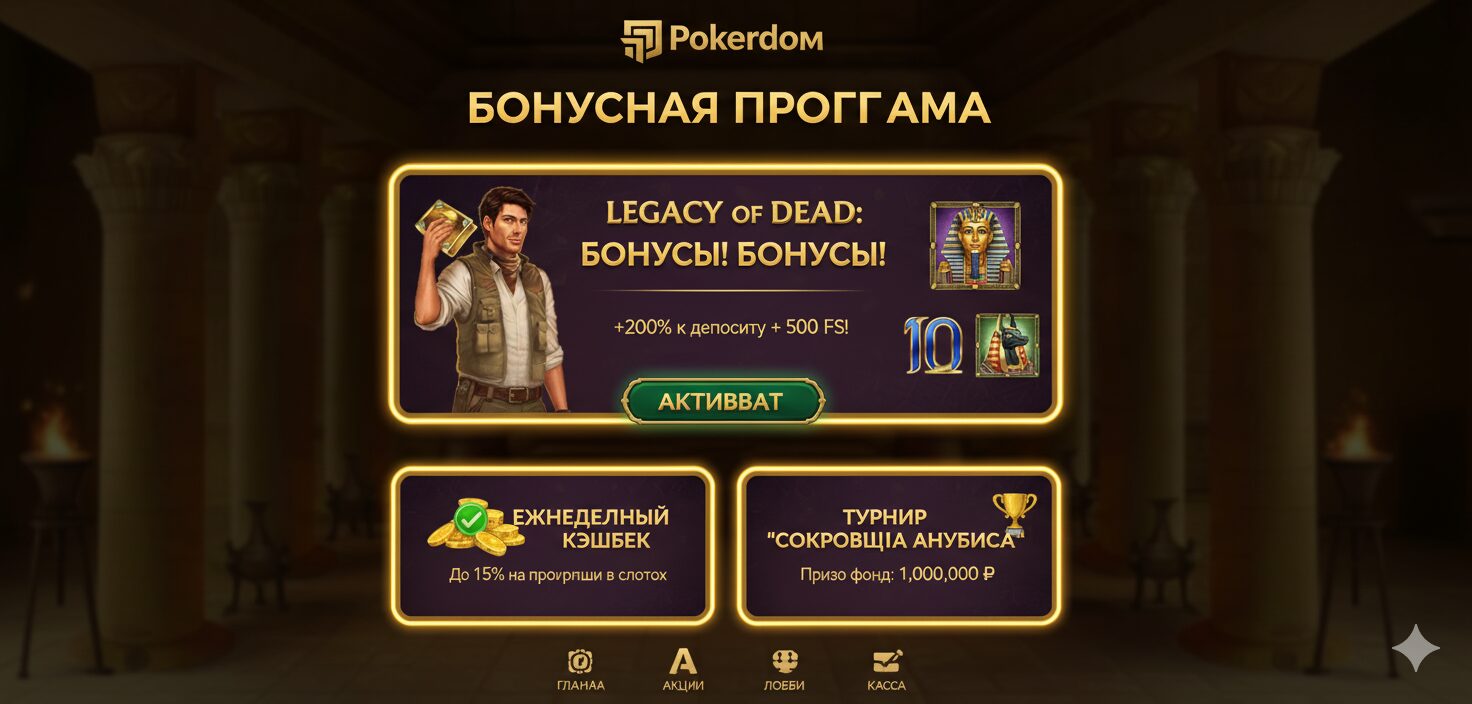 Pokerdom bonus program interface with promotions for the Legacy of Dead slot