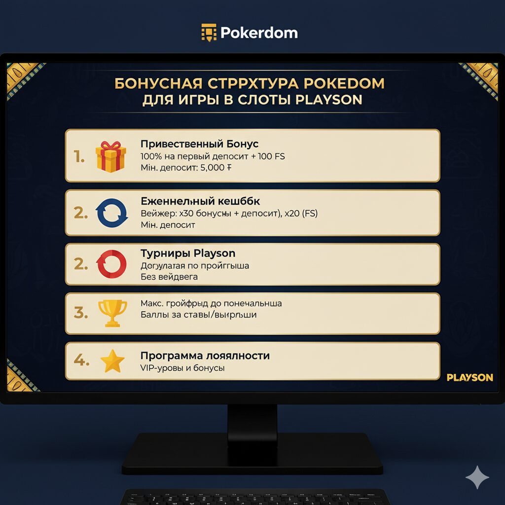 Playson slotlarida o'ynash uchun Pokerdom bonuslari tuzilmasi
