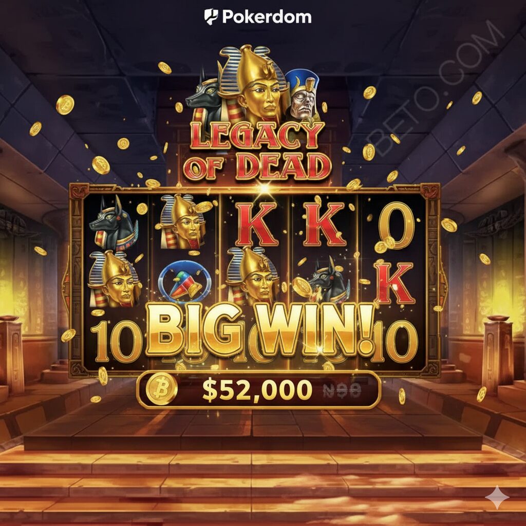 Screenshot of a big win in the Legacy of Dead slot at Pokerdom