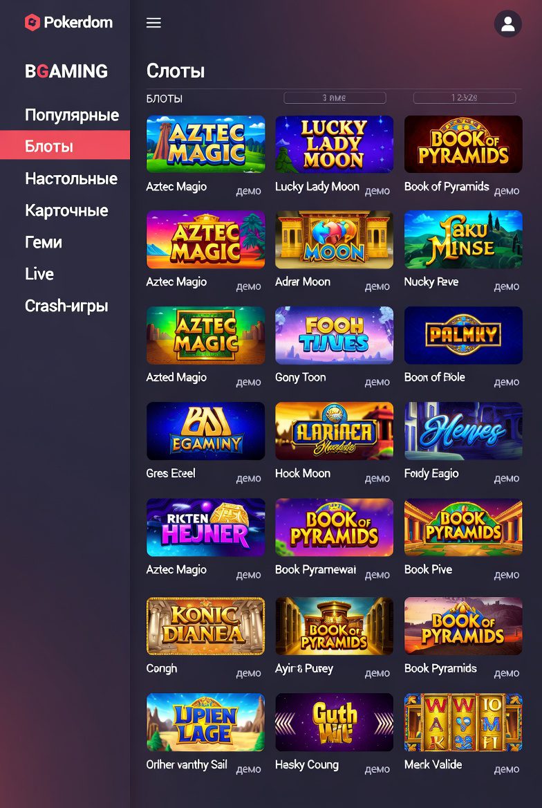 Interface of the lobby with BGaming games on the Pokerdom website