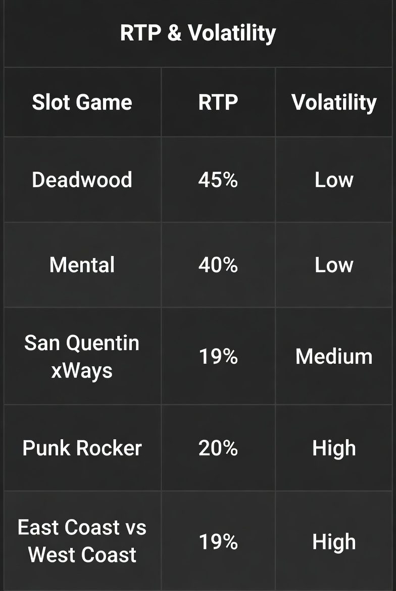 Comparative table of RTP and volatility of Nolimit City slots