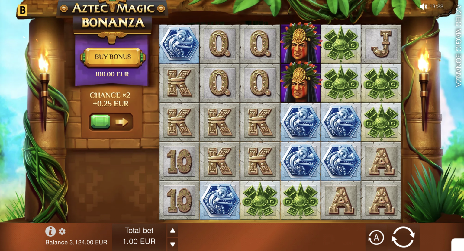Game screen of Aztec Magic Bonanza slot with multipliers and bonus symbols