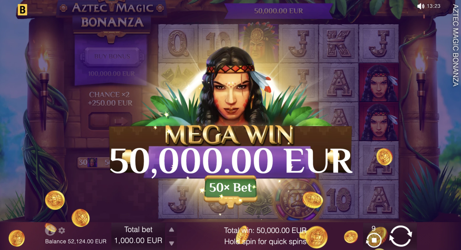 Cascading wins with multipliers in Aztec Magic Bonanza slot