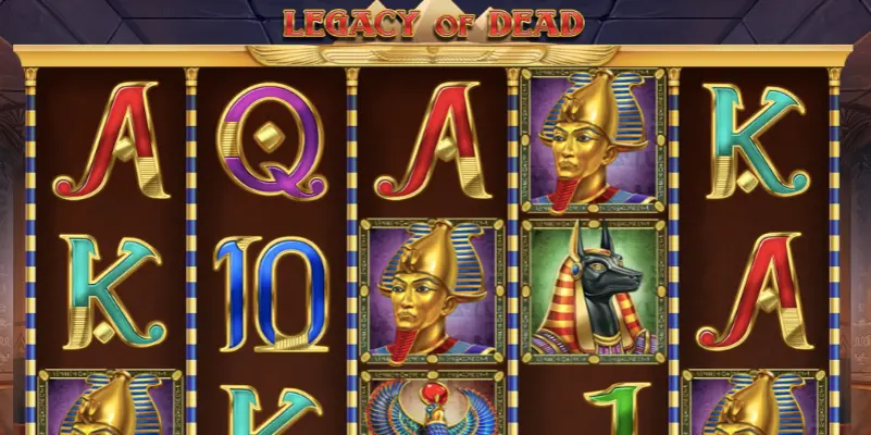 Gaming interface of the Legacy of Dead slot at Pokerdom casino with reels and Egyptian theme