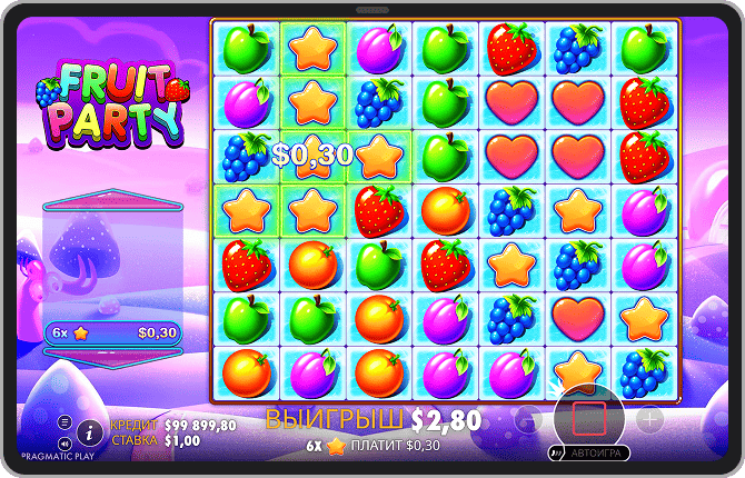 Бонусный раунд фриспинов в слоте Fruit Party с множителями